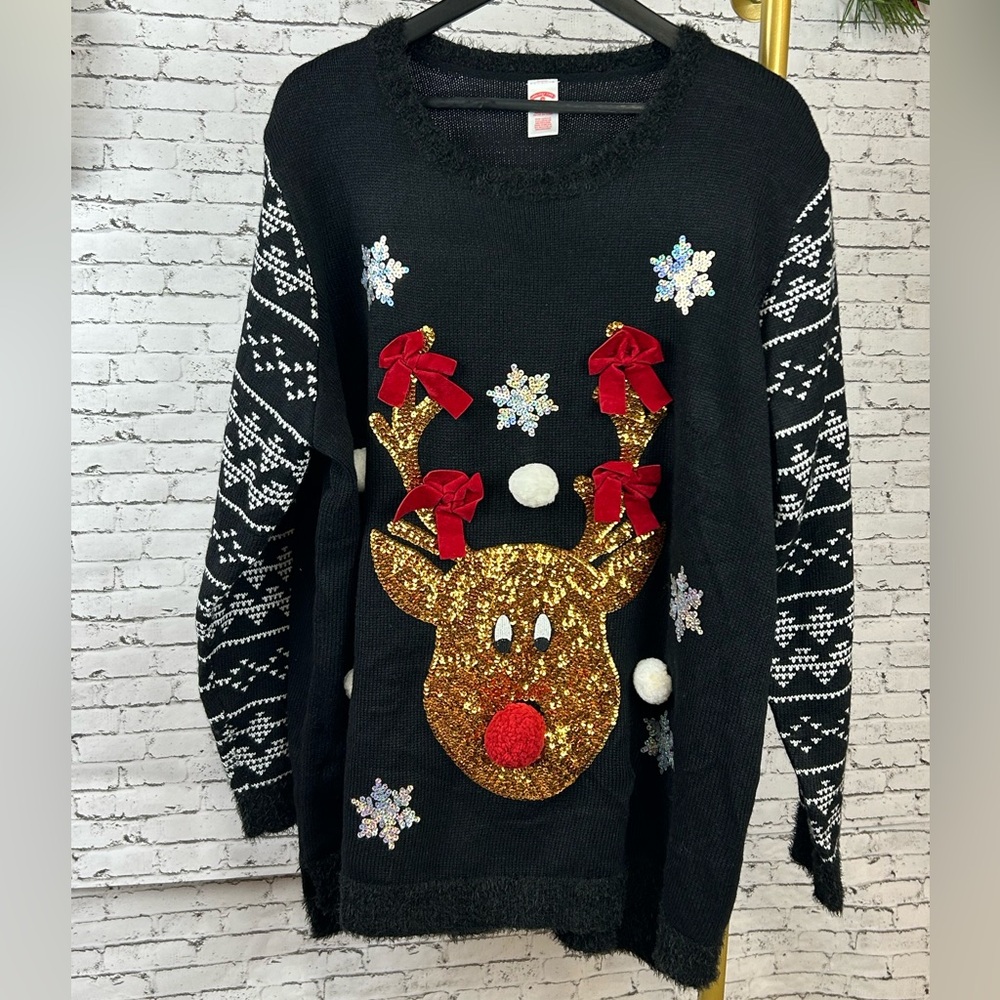 Holiday Time | Black 'ugly' Sweater with Sequins Reindeer size 3X(24W/26W)